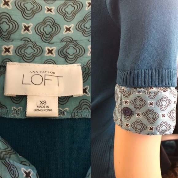 90s LOFT Knit Short Sleeve Top Satin layered Twofer Teal Burgundy size XS - Picture 8 of 10